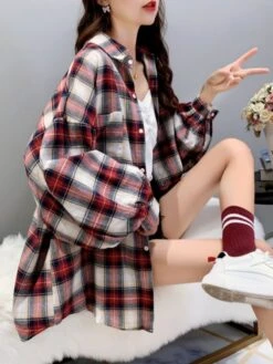 Loose Plaid Long-Sleeved Shirt | Hyunjin - Loona -Diva s Closet Hyunjin Loona Loose Plaid Long Sleeved Shirt pc 7
