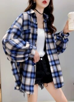 Loose Plaid Long-Sleeved Shirt | Hyunjin - Loona -Diva s Closet Hyunjin Loona Loose Plaid Long Sleeved Shirt pc 9