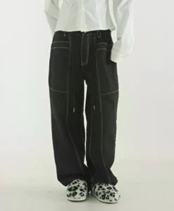 Black Contrasting Topstitch Jeans | Hyunjin - Stray Kids