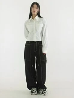 Black Contrasting Topstitch Jeans | Hyunjin - Stray Kids -Diva s Closet Hyunjin Stray Kids Black Contrasting Topstitch Jeans 3 600x791 1