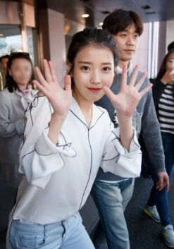 Black Outlined White Silk-Like Shirt | IU -Diva s Closet IU Black Outlined White Silk like Shirt Inspiration 1