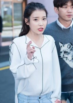 Black Outlined White Silk-Like Shirt | IU -Diva s Closet IU Black Outlined White Silk like Shirt Inspiration 4