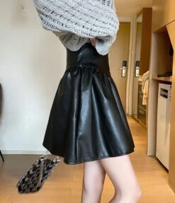 Black Pleated PU Leather Skirt | IU -Diva s Closet IU Black Pleated Leather Skirt 14 600x698 1