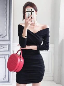 Black Cross Front Off-Shoulder Dress | Irene - Red Velvet -Diva s Closet Irene Red Velvet Black Cross Front Off Shoulder Dress 5 e1643903493196