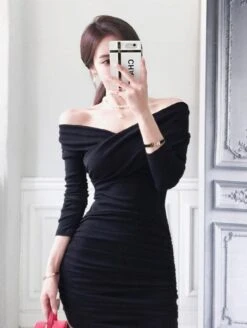 Black Cross Front Off-Shoulder Dress | Irene - Red Velvet
