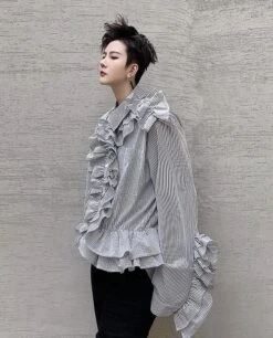 Black Stripe Ruffled Shirt | J-Hope - BTS 23 Black Stripe Ruffled Shirt | J-Hope - BTS -Diva s Closet J Hope BTS Black Stripe Ruffled Shirt 4