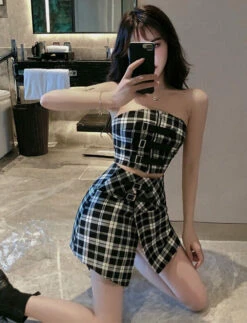 Black And White Plaid Tube Crop Top | Jennie - BlackPink -Diva s Closet Jennie Black and White Plaid Tube Top and Skirt 1 e1643962069625 600x784 1