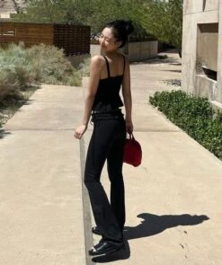 Black Side Tie Low Waisted Pants | Jennie - BlackPink -Diva s Closet Jennie BlackPink Black Side Tie Low Waisted Pants 1 600x717 1