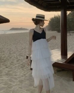 White And Black Layered Ruffle Mesh Sling Dress | Jennie - BlackPink -Diva s Closet Jennie BlackPink Layered Ruffle Mesh Sling Dress 10 600x754 1