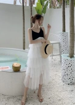 White And Black Layered Ruffle Mesh Sling Dress | Jennie - BlackPink -Diva s Closet Jennie BlackPink Layered Ruffle Mesh Sling Dress 3 600x834 1