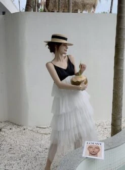 White And Black Layered Ruffle Mesh Sling Dress | Jennie - BlackPink -Diva s Closet Jennie BlackPink Layered Ruffle Mesh Sling Dress 5 600x814 1