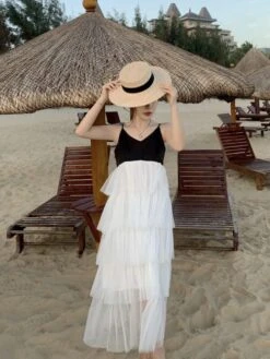 White And Black Layered Ruffle Mesh Sling Dress | Jennie - BlackPink -Diva s Closet Jennie BlackPink Layered Ruffle Mesh Sling Dress 8 600x799 1