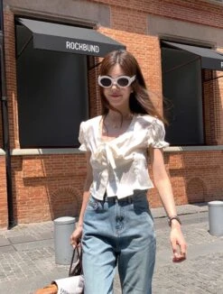 White Satin Puff Sleeve Blouse | Jennie - BlackPink -Diva s Closet Jennie BlackPink White Satin Puff Sleeve Blouse 2