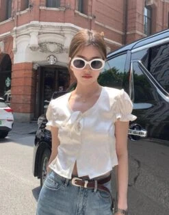 White Satin Puff Sleeve Blouse | Jennie - BlackPink -Diva s Closet Jennie BlackPink White Satin Puff Sleeve Blouse 5