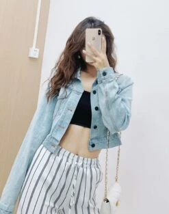 White Vertical Striped Wide Leg Pants | Jennie - BlackPink -Diva s Closet Jennie Blue Cropped Denim Jacket and Vertical Striped Wide Leg Pants 3 600x761 1