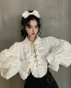 White Ruffled Blouse | Jeongin - Stray Kids -Diva s Closet Jeongin Stray Kids White Ruffled Shirt 16 e1643802321870 600x745 1