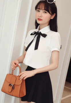 White Puffed Sleeves Blouse With Bow Tie | Jeongyeon - Twice -Diva s Closet Jeongyeon White Short Sleeve Shirt with Lace Bow Tie 4 e1643623385140 600x869 1