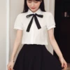 White Puffed Sleeves Blouse With Bow Tie | Jeongyeon - Twice -Diva s Closet Jeongyeon White Short Sleeve Shirt with Lace Bow Tie 5 e1643623286145 600x855 1
