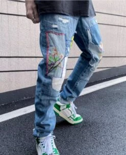 Blue Patchwork Distressed Jeans | Jimin - BTS -Diva s Closet Jimin BTS Blue Patchwork Distressed Jeans 7 600x738 1