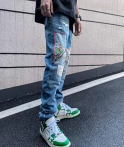 Blue Patchwork Distressed Jeans | Jimin - BTS -Diva s Closet Jimin BTS Blue Patchwork Distressed Jeans 8 600x713 1