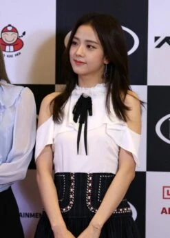 Black Pleated Striped High Waist Skirt | Jisoo - BlackPink -Diva s Closet Jisoo Bare Shoulders Ruffled Blouse Pleated Striped high Waist Skirt Inspiration 3 e1643963053279 600x839 1