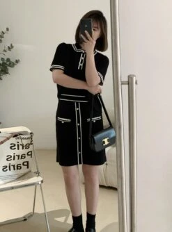 Black Doll Collar Knit Polo Shirt | Jisoo -BlackPink -Diva s Closet Jisoo BlackPink Black Doll Collar Knit Polo Shirt 4