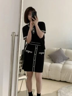 Black Doll Collar Knit Polo Shirt | Jisoo -BlackPink -Diva s Closet Jisoo BlackPink Black Doll Collar Knit Polo Shirt 5 600x804 1
