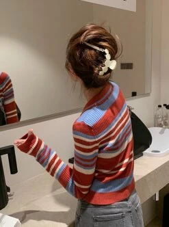 Red Striped Collared Polo Shirt | Jisoo - BlackPink -Diva s Closet Jisoo BlackPink Red Striped Collared Sweater 3