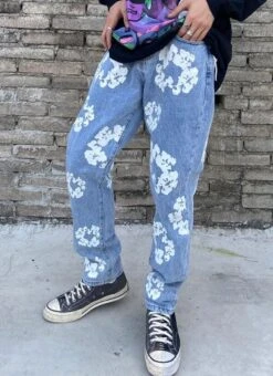 Blue Floral Print Denim Jeans | Jisung - NCT -Diva s Closet Jisung NCT Floral Print Denim Jeans 11 600x825 1