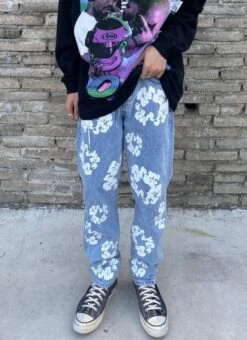 Blue Floral Print Denim Jeans | Jisung - NCT -Diva s Closet Jisung NCT Floral Print Denim Jeans 16 600x825 1