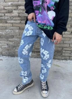 Blue Floral Print Denim Jeans | Jisung - NCT -Diva s Closet Jisung NCT Floral Print Denim Jeans 17 600x825 1