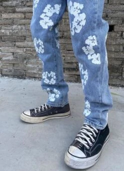 Blue Floral Print Denim Jeans | Jisung - NCT -Diva s Closet Jisung NCT Floral Print Denim Jeans 18 600x825 1