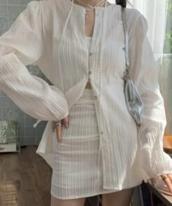 White Long Sleeves Textured Shirt | Joy - Red Velvet