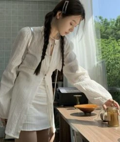 White Long Sleeves Textured Shirt | Joy - Red Velvet -Diva s Closet Joy Red Velvet White Long Sleeves Textured Shirt 5 600x710 1