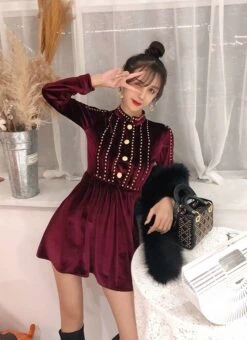 Wine Red Studded Mini Dress | Joy - Red Velvet -Diva s Closet Joy Red Velvet Wine Red Studded Mini Dress 2