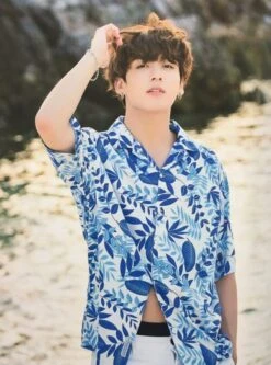 Blue Leaves Pattern Collared Shirt | Jungkook - BTS -Diva s Closet Jungkook BTS Blue Leaves Pattern Collared Shirt 2 600x808 1