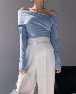 Blue Oblique Shoulder Top | Karina - Aespa -Diva s Closet Karina Aespa Blue Oblique Shoulder Top 13 600x748 1