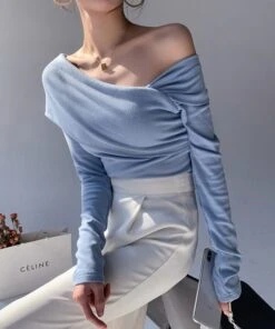 Blue Oblique Shoulder Top | Karina - Aespa -Diva s Closet Karina Aespa Blue Oblique Shoulder Top 19 600x719 1