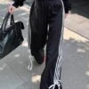 Black Side Bow Stripes Casual Pants | Kazuha - Le Sserafim -Diva s Closet Kazuha Le Sserafim Black Side Bow Stripes Casual Pants 6