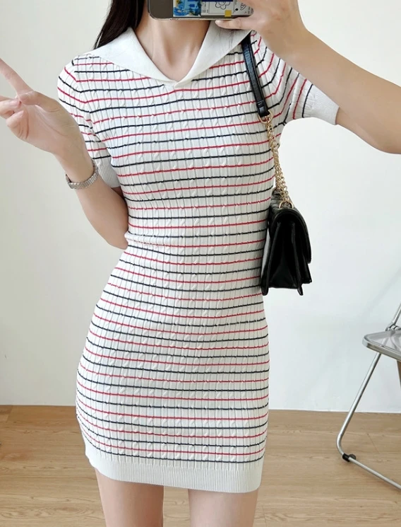 White Collared Stripe Dress | Kazuha - Le Sserafim 3 White Collared Stripe Dress | Kazuha - Le Sserafim