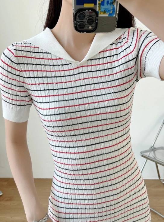 White Collared Stripe Dress | Kazuha - Le Sserafim 7 White Collared Stripe Dress | Kazuha - Le Sserafim - Image 5