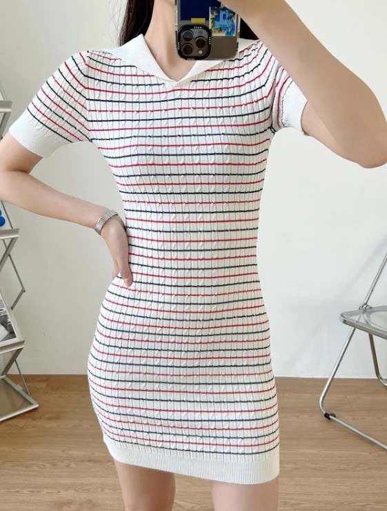 White Collared Stripe Dress | Kazuha - Le Sserafim 4 White Collared Stripe Dress | Kazuha - Le Sserafim - Image 2