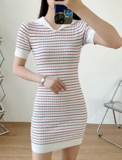 White Collared Stripe Dress | Kazuha - Le Sserafim 19 White Collared Stripe Dress | Kazuha - Le Sserafim -Diva s Closet Kazuha Le Sserafim White Collared Stripe Dress 13