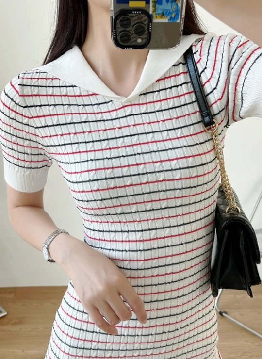 White Collared Stripe Dress | Kazuha - Le Sserafim 6 White Collared Stripe Dress | Kazuha - Le Sserafim - Image 4