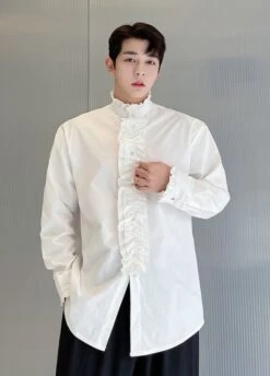 White Ruffled Long Sleeve Shirt | Leeknow - Stray Kids -Diva s Closet Leeknow Stray Kids White Ruffled Long Sleeve Shirt 3
