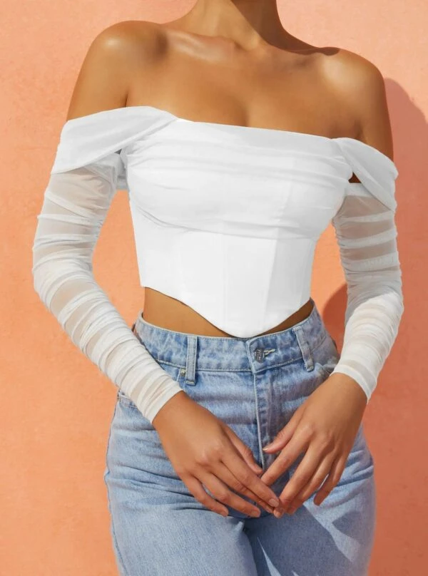 White Mesh Sleeve Corset Top | Lia - ITZY 3 White Mesh Sleeve Corset Top | Lia - ITZY