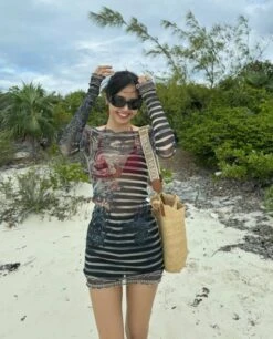 Beige And Black Striped Mesh Dress | Lisa - BlackPink -Diva s Closet Lisa BlackPink Beige And Black Striped Mesh Dress 9 600x744 1