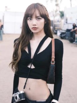 Black Hollow Long Sleeve Crop Top | Lisa - BlackPink -Diva s Closet Lisa BlackPink Black Hollow Long Sleeve Crop Top 1