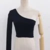Black One Side Off-Shoulder Crop Top | Lisa - BlackPink -Diva s Closet Lisa BlackPink Black One Side Off Shoulder Crop Top 5