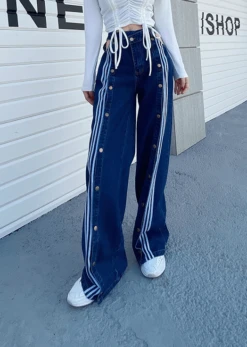 Blue Multi-Button Striped Denim Jeans | Lisa - BlackPink -Diva s Closet Lisa BlackPink Blue Multi Button Striped Denim Pants 5